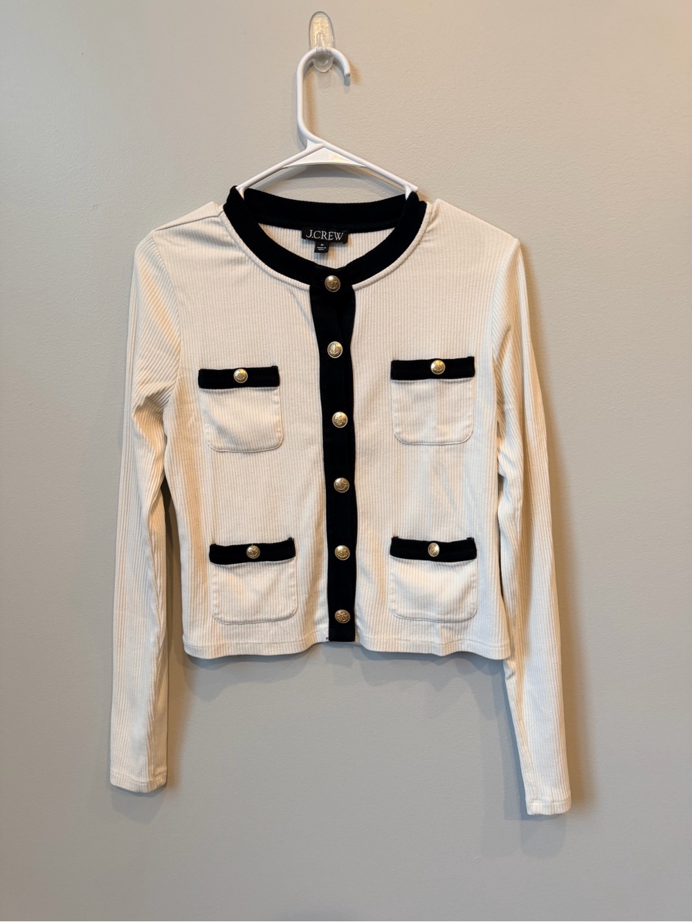 J.Crew Lady Cardigan Sweater Ribbed Knit w/ Contrast Trim & Gold Buttons Size M
